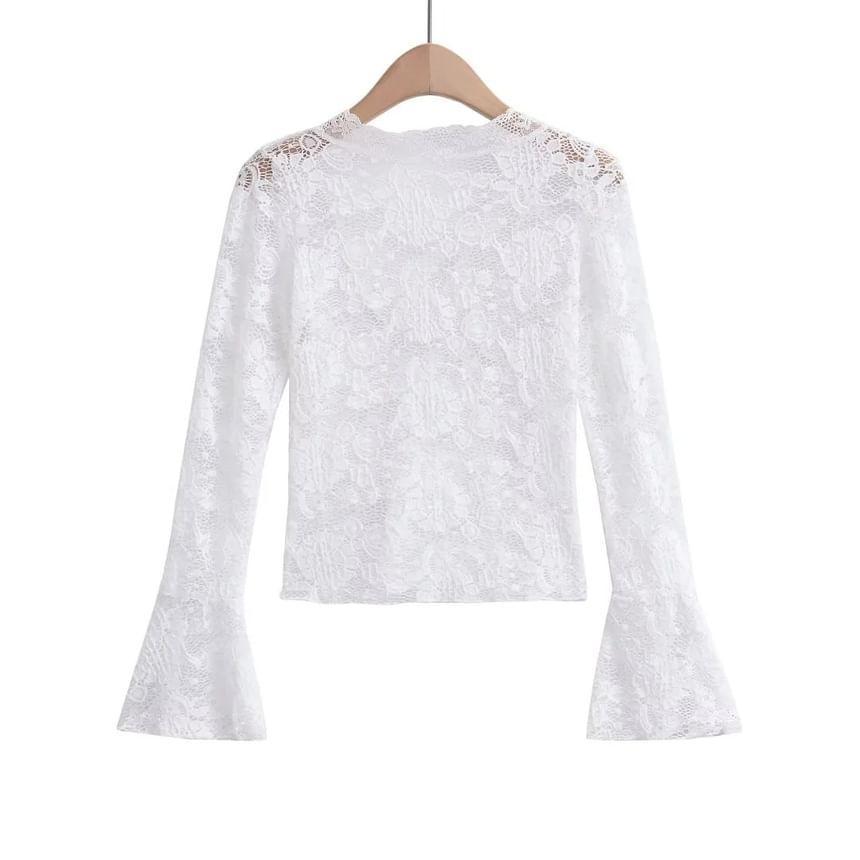 Long-Sleeve V-Neck Floral Lace Slim Fit Top Product Image