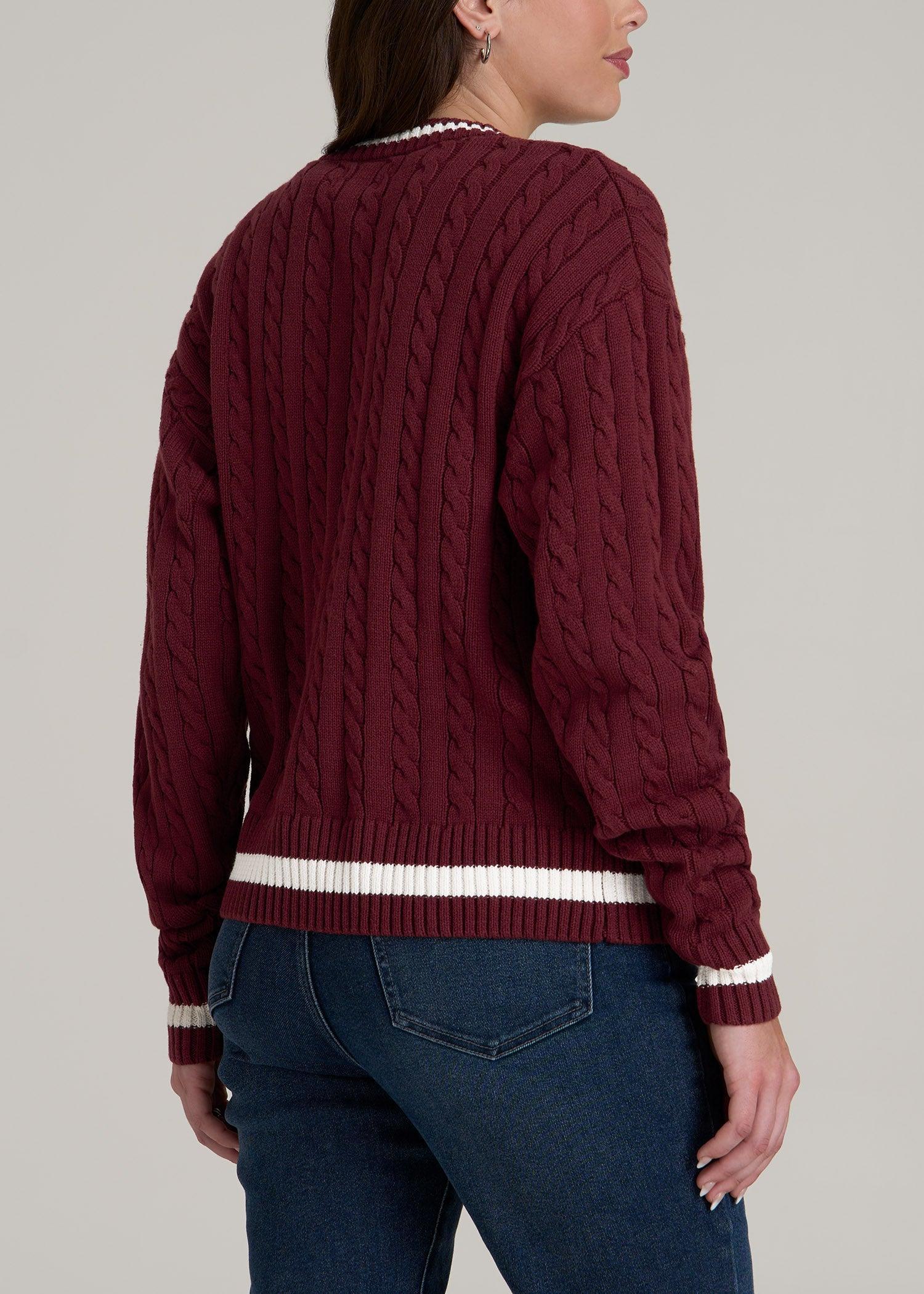 V-Neck Collegiate Sweater for Tall Women in Red Ochre and Winter White Product Image