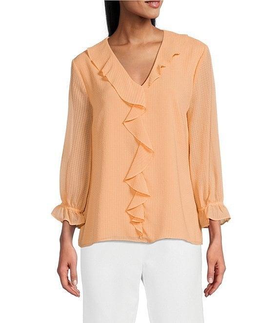 Investments Riley Woven Cascading Ruffle V-Neck 3/4 Sleeve Top Product Image