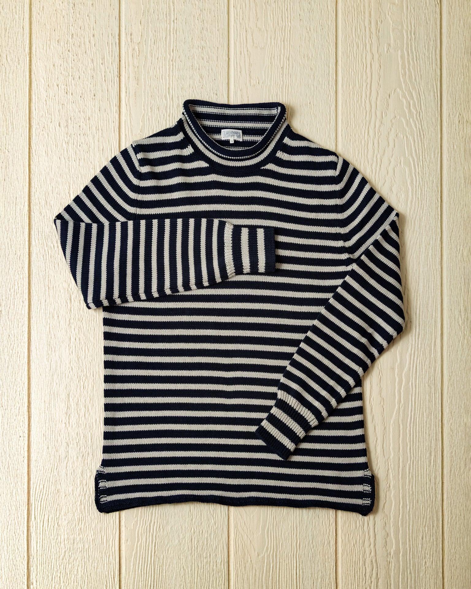 Cotton/Linen Fisherman's Sweater in Navy/Grey Even Stripe Product Image