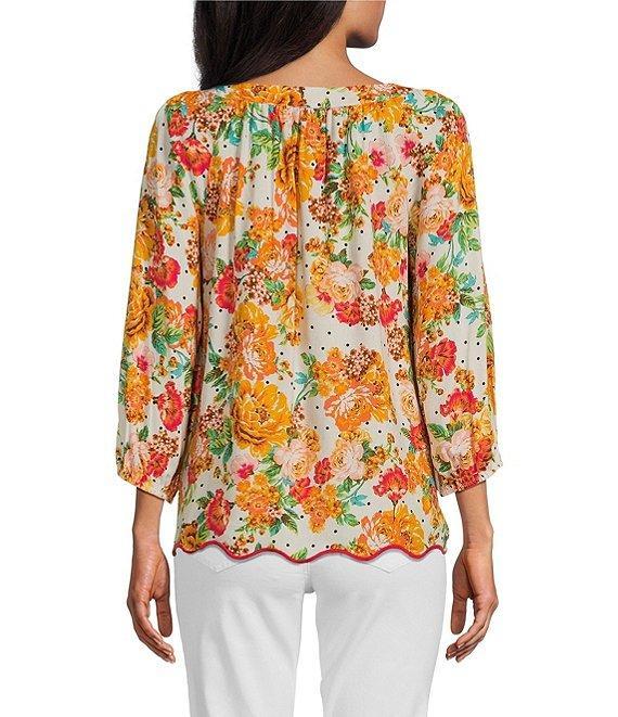 Figueroa & Flower Woven Floral Square Neck 3/4 Sleeve Pintuck Detail Blouse Product Image