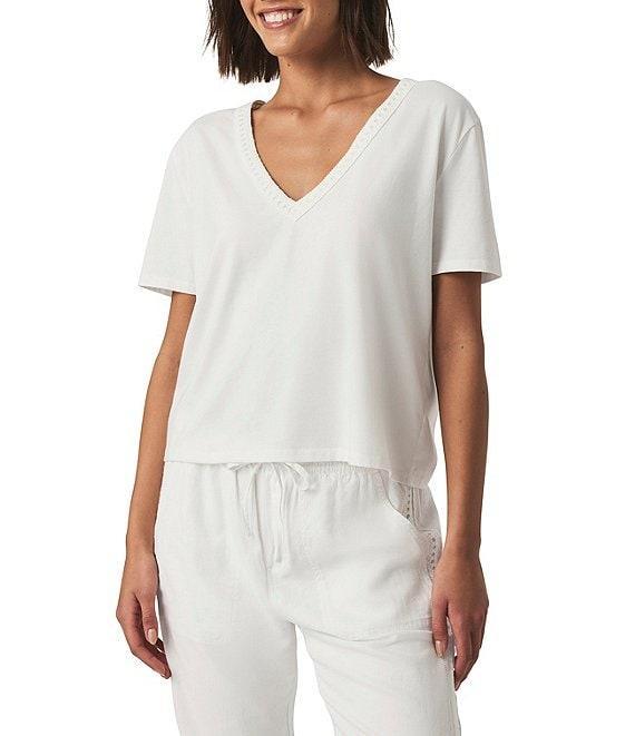 Kacey Crochet Knit V-Neck Short Sleeve Tee Shirt Product Image