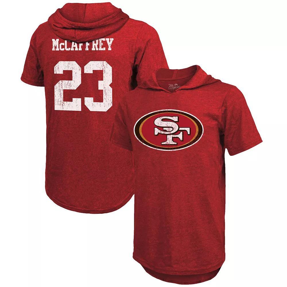 Men's Majestic Threads Christian McCaffrey Scarlet San Francisco 49ers Player Name & Number Tri-Blend Short Sleeve Hoodie T-Shirt, Size: 2XL, Red Product Image