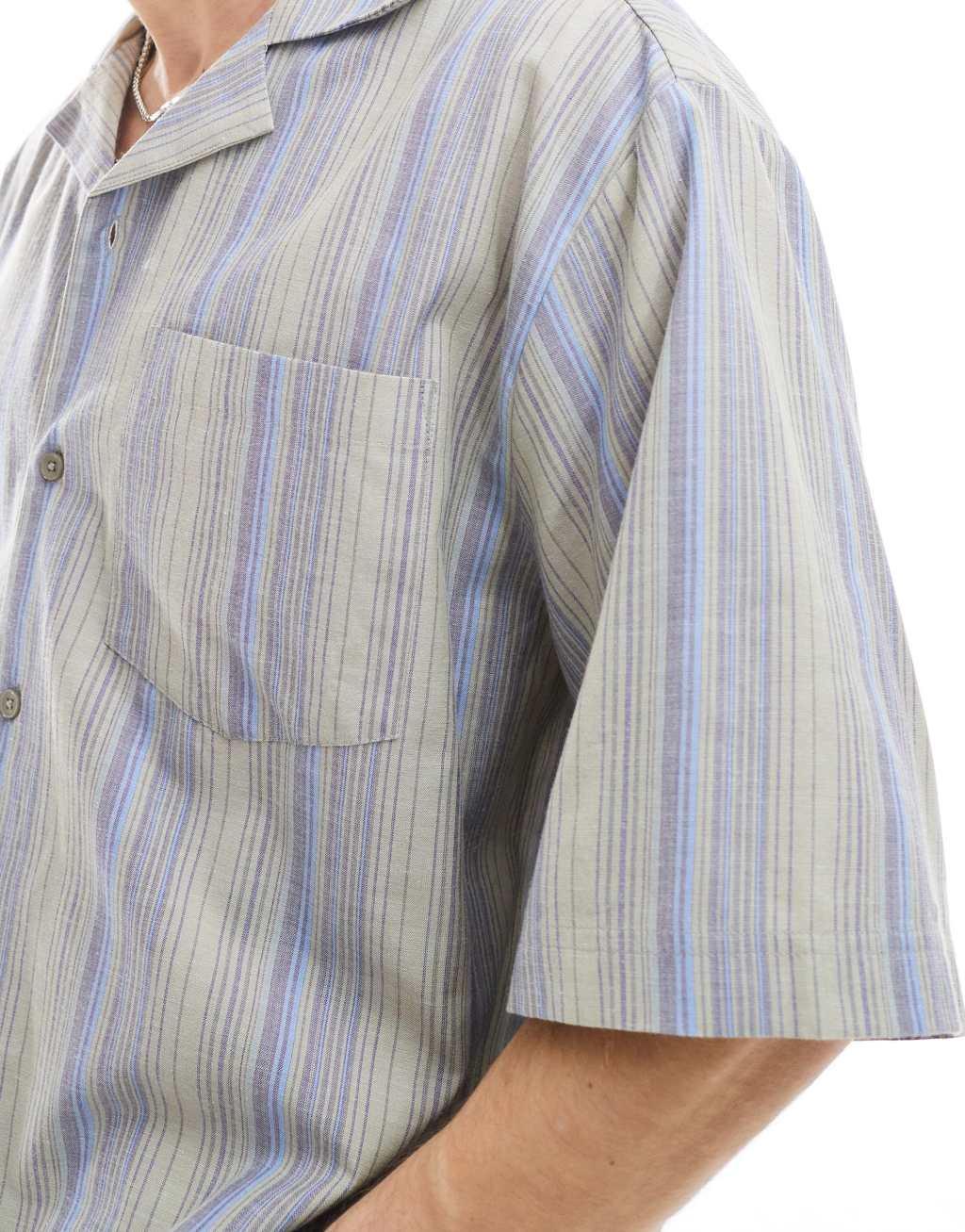 COLLUSION beach linen mix camp collar short sleeve shirt in stripe - part of a set Product Image