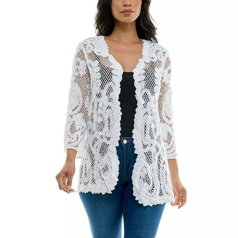 Women's Nina Leonard Scalloped Edge Crotchet Open Cardigan, Size: Small, Black Product Image