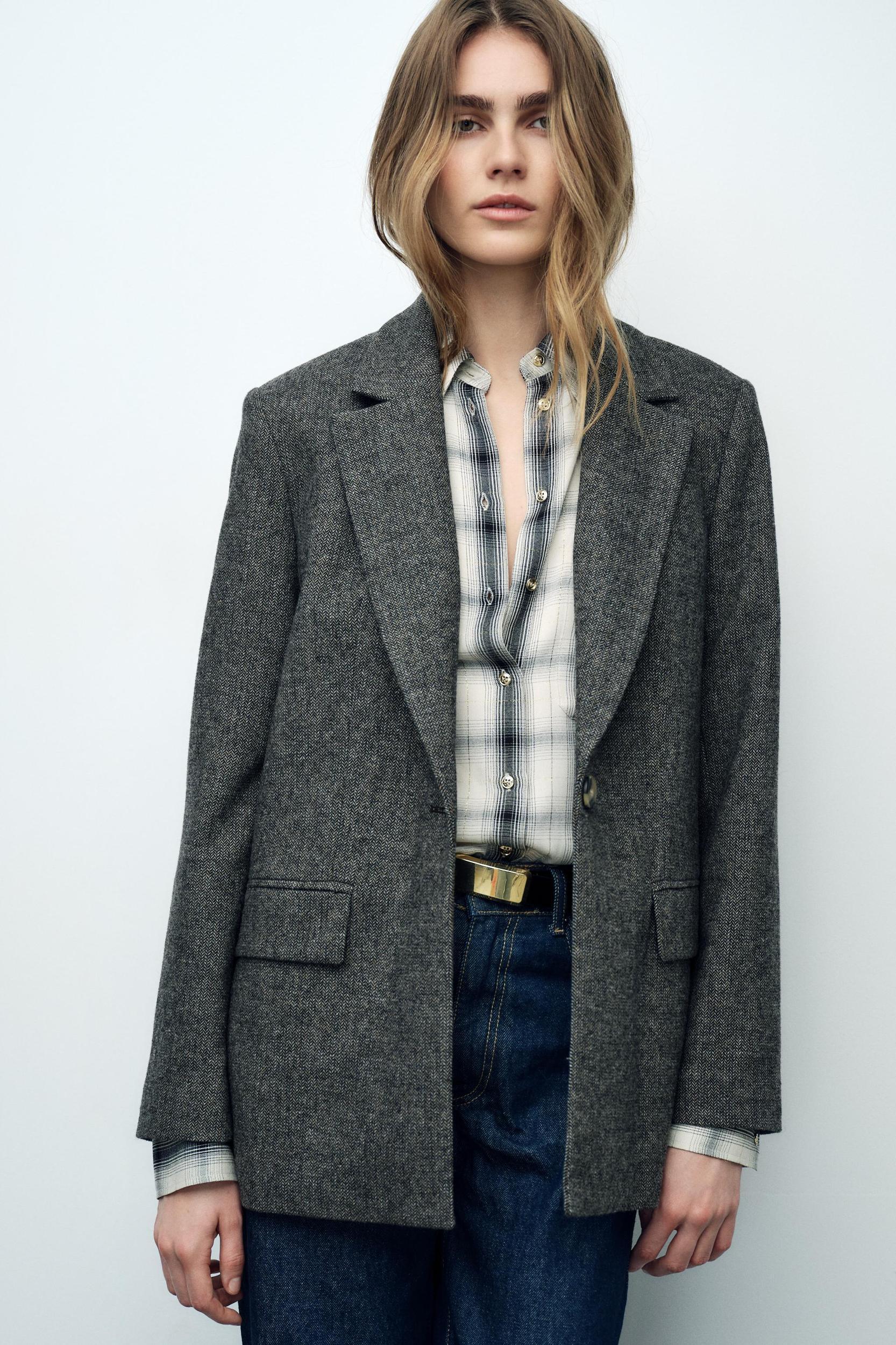 STRAIGHT CUT WOOL BLEND HERRINGBONE BLAZER Product Image