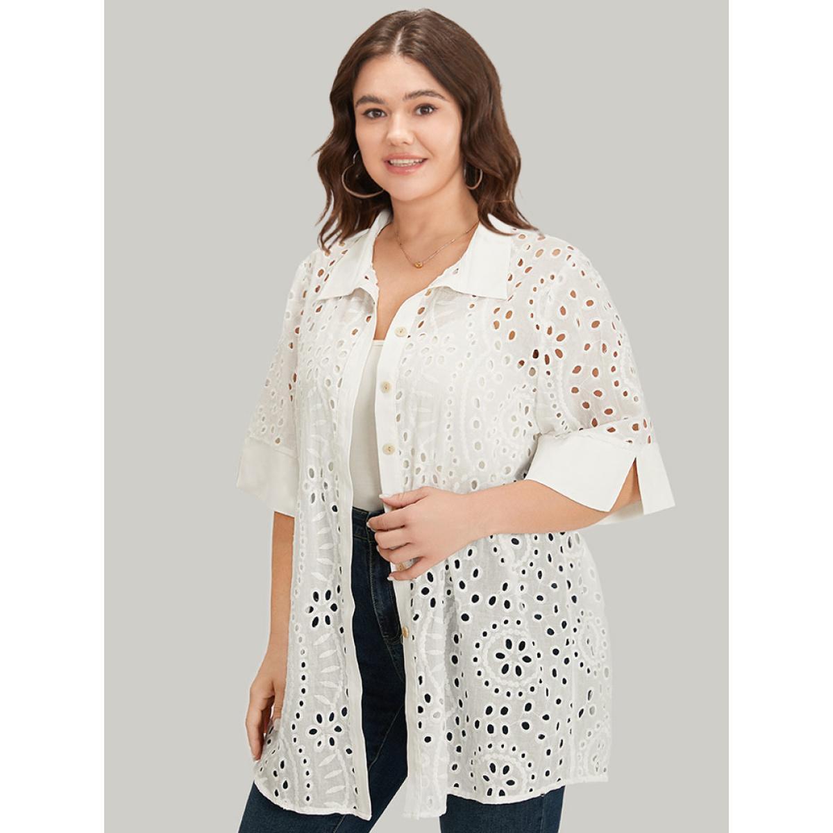 Plus Size Plain Shirt Collar Broderie Anglaise Open Front Kimono Women White Casual Patchwork Dailywear Kimonos BloomChic 12/L Product Image