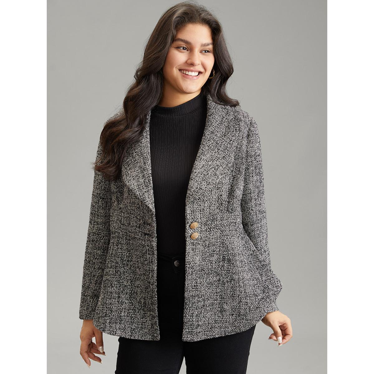 Plus Size Solid Texture Suit Collar Buckle Detail Blazer Black Women Work Plain Texture Sleeve Long Sleeve Suit Collar 26/4X At the Office Blazers BloomChic Product Image