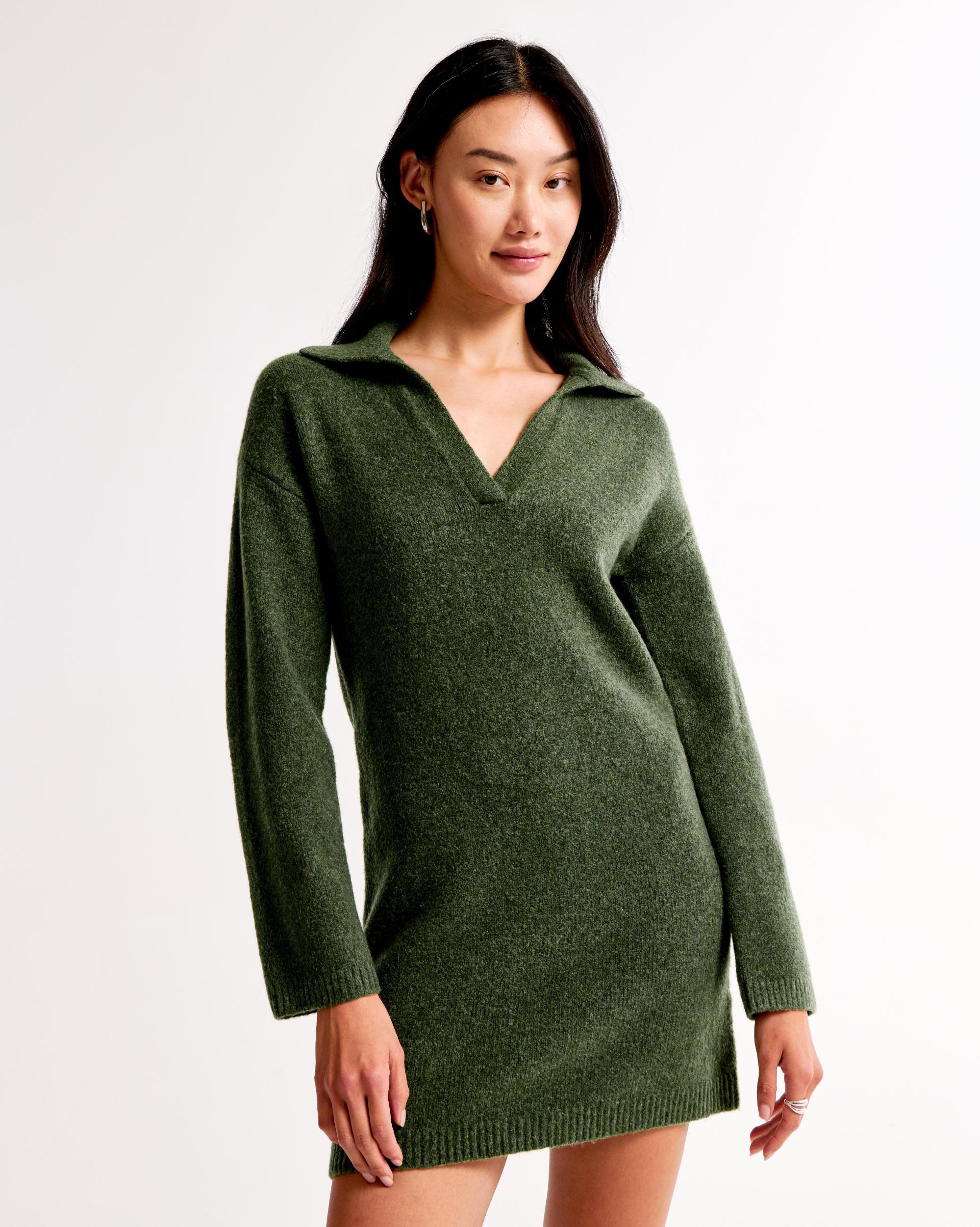 Long-Sleeve Collared Mini Sweater Dress Product Image