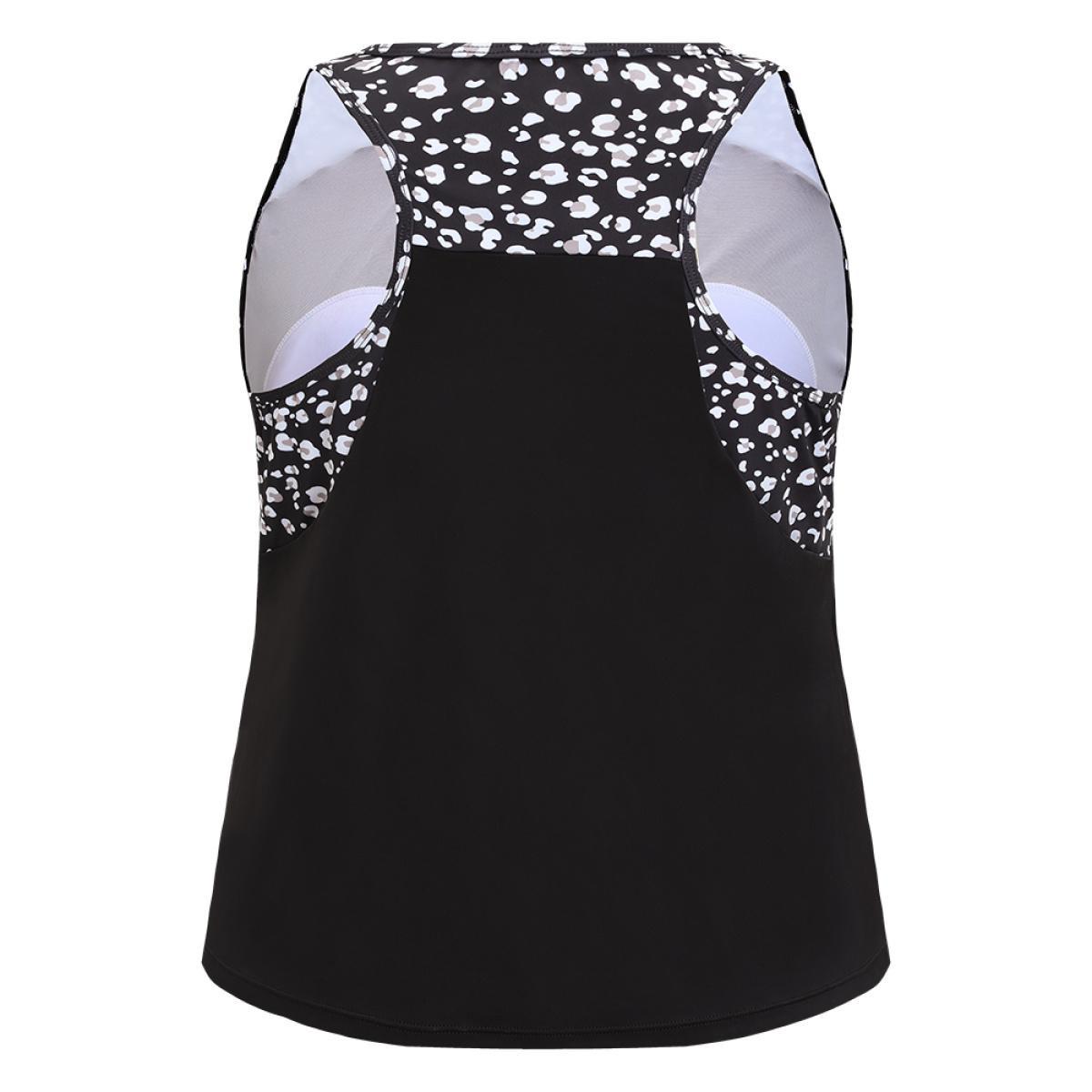 Plus Size Allover Patchwork Gathered Round Neck Tankini Top Women's Swimwear Black Vacation Gathered High stretch Round Neck Curve Swim Tops BloomChic 30/6X Product Image