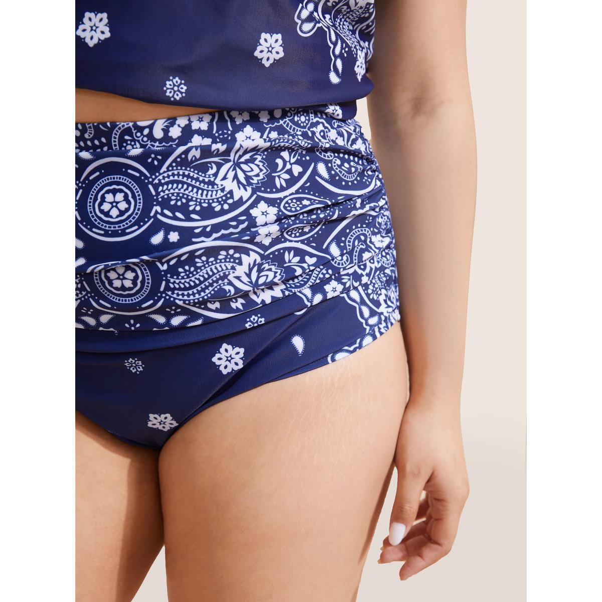 Plus Size Ruched Bandana Print High Rise Swim Bottom Women's Swimwear Navy Beach Non High stretch Skinny High Rise Curve Swim Bottoms BloomChic 26/4X Product Image