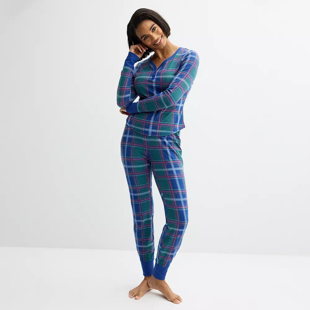 Petite Sonoma Goods For Life® Thermal Pajamas, Women's, Size: XXL Petite, Plaid Check Green Product Image