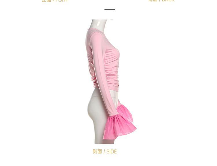 Bell Sleeve Crew Neck Ruched Panel Mesh Top Product Image