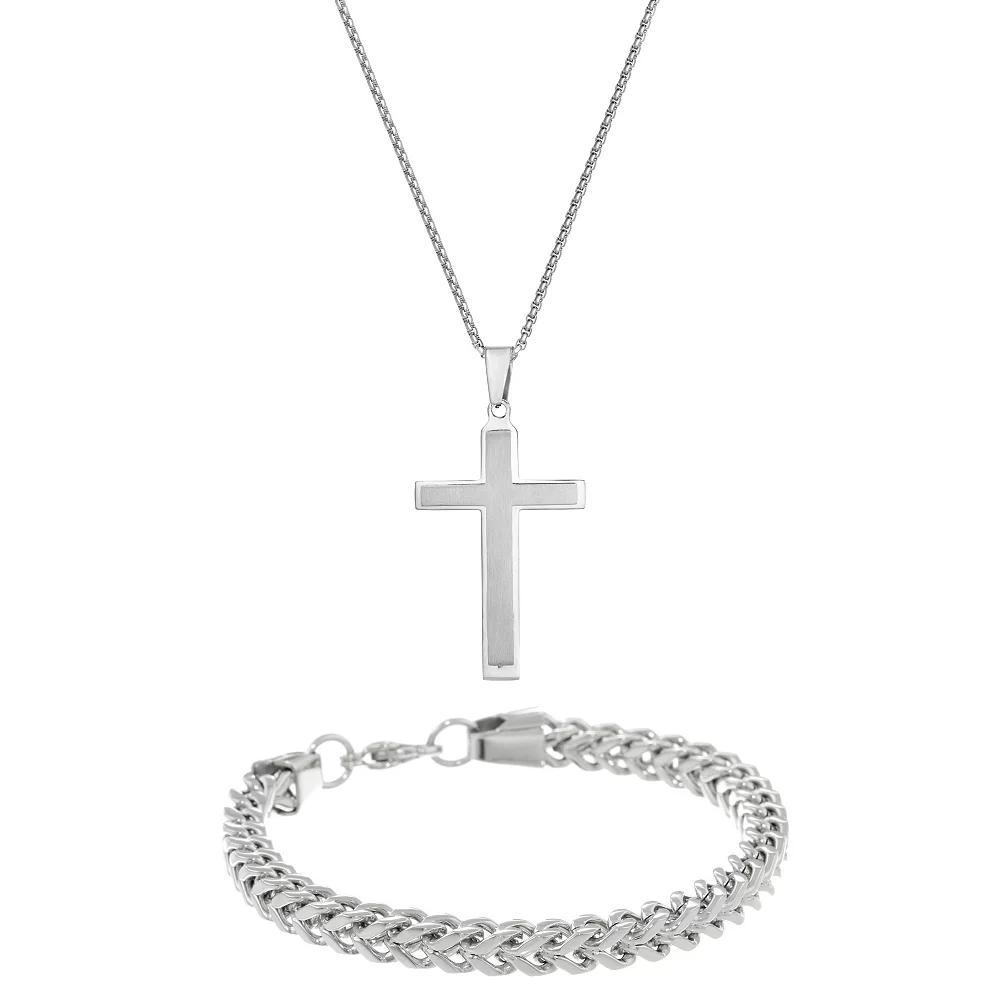 Men's LYNX Stainless Steel Cross & Chain Bracelet Set, Size: 24", Silver Product Image