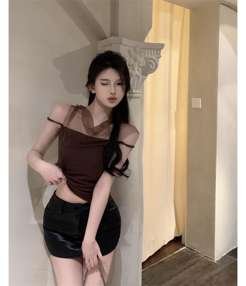 Sleeveless Cowl Neck Plain Panel Mesh Top Product Image