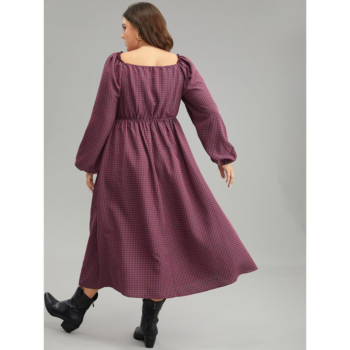 Plus Size Gingham Square Neck Frill Trim Shirred Dress RedViolet Women Casual Elastic cuffs Square Neck Long Sleeve Curvy Midi Dress BloomChic 10/M Product Image