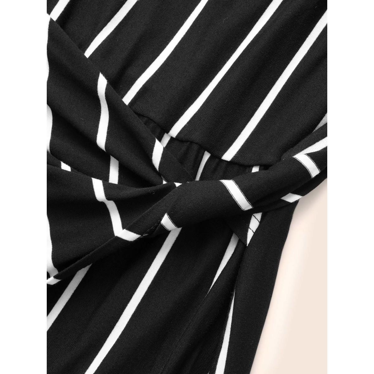 Plus Size Striped Twist Front Split Hem Dress Black Women Elegant Twist Round Neck Long Sleeve Curvy BloomChic 30/6X Product Image