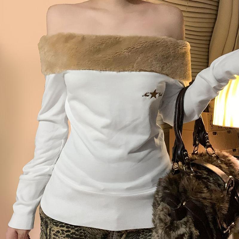 Long Sleeve Faux Fur Trim Star Embroidered Slim-Fit Top Product Image