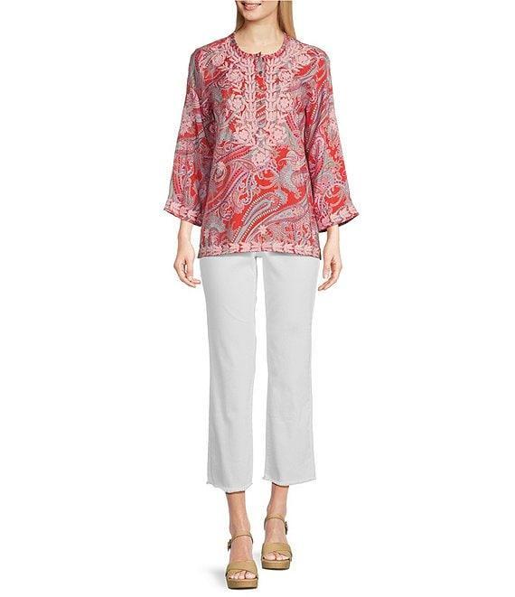 Calessa Woven Embroidered Printed Split V-Neck Wrist Length Sleeve Tunic Product Image