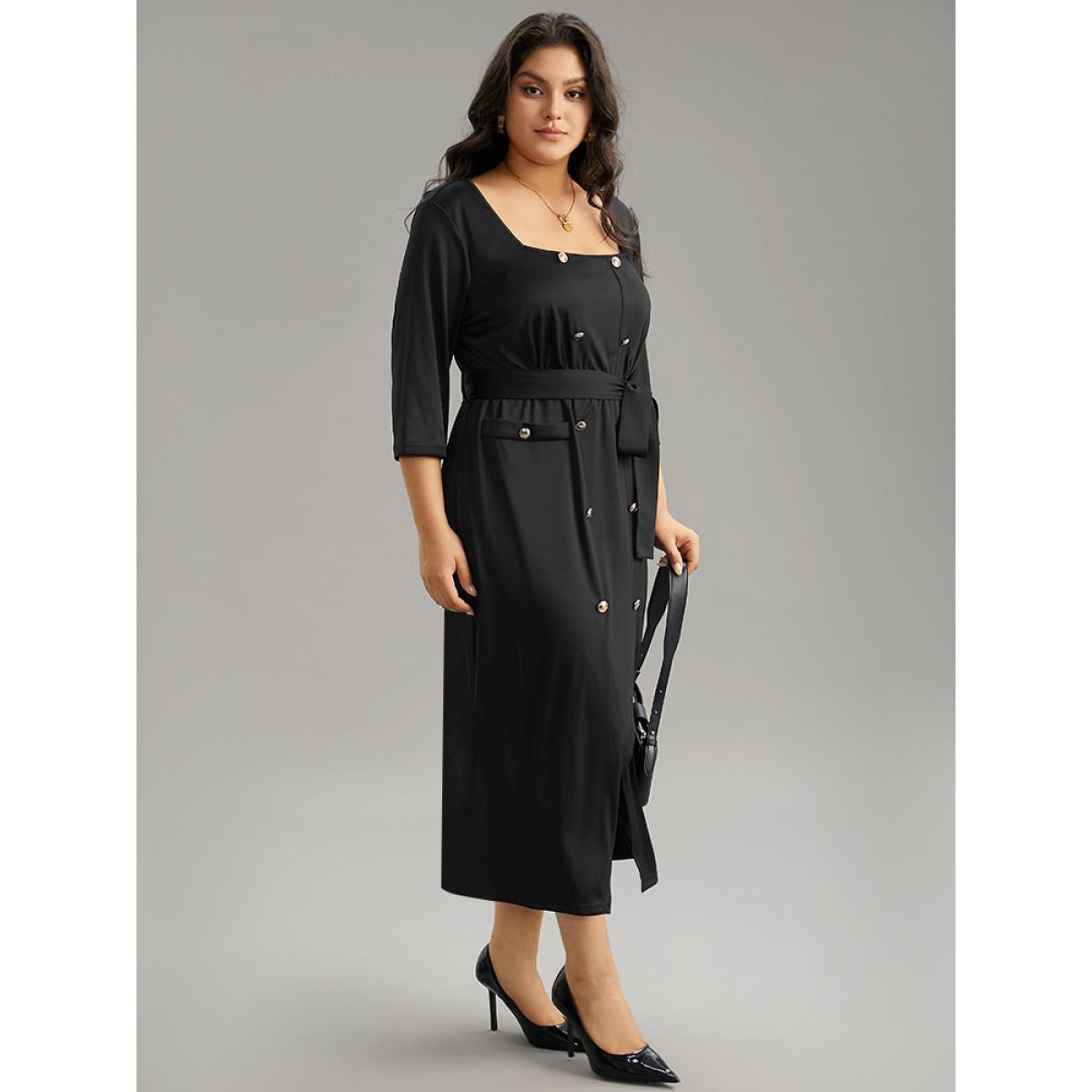 Plus Size Square Neck Metal Detail Belted Gathered Dress Black Women Office Plain Square Neck Elbow-length sleeve Curvy Midi Dress BloomChic 18-20/2X Product Image
