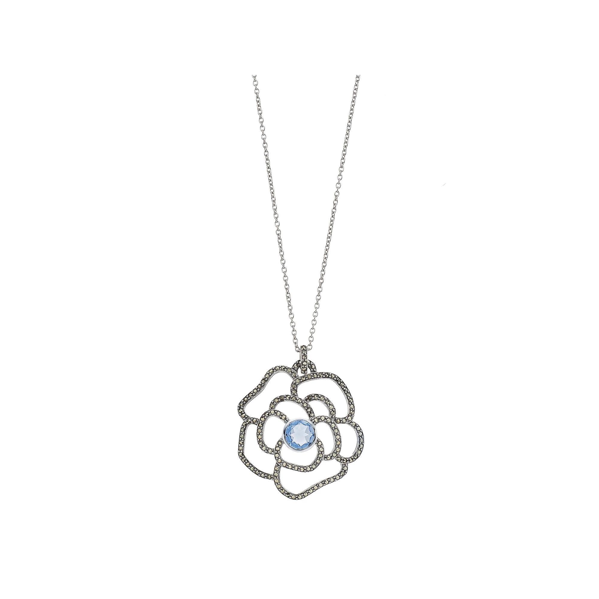 Lavish by TJM Sterling Silver Lab-Created Blue Quartz & Marcasite Rose Pendant, Women's, Size: 18" Product Image