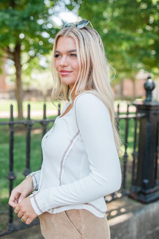 Act Naturally Ivory Contrast Ribbed Henley Top FINAL SALE Product Image
