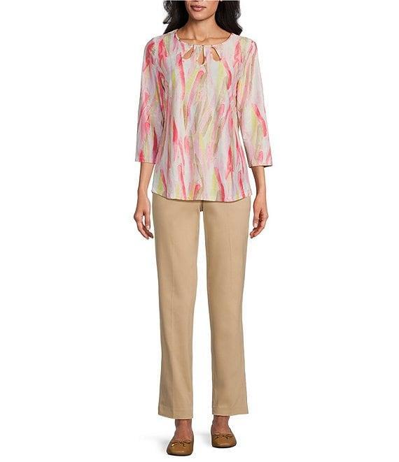 Allison Daley Brushed Fun Stripe Print 3/4 Sleeve Triple Keyhole Neck Knit Top Product Image