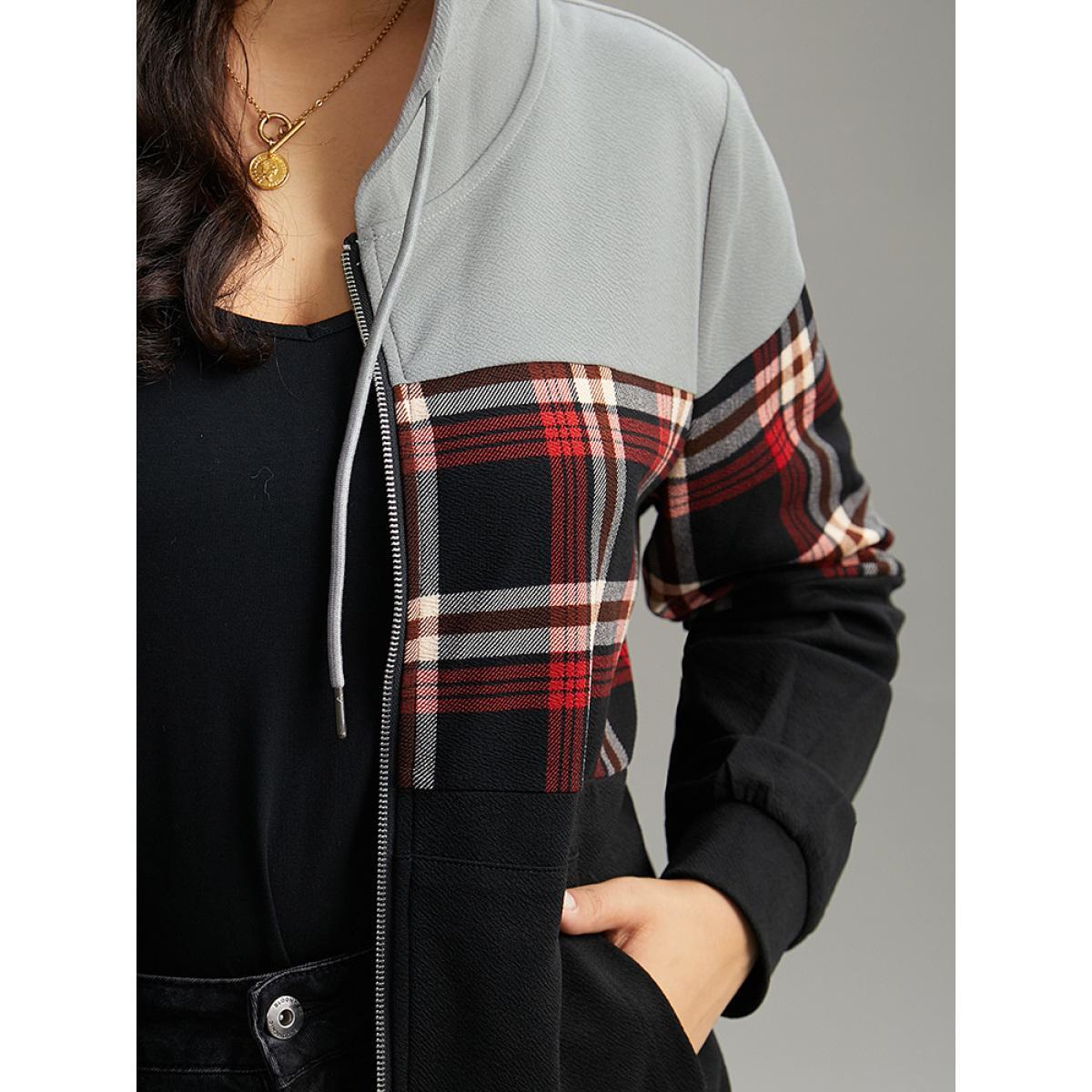 Plus Size Plaid Contrast Hooded O Ring Zipper Jacket Women Black Contrast Pocket Dailywear Jackets BloomChic 14-16/1X Product Image