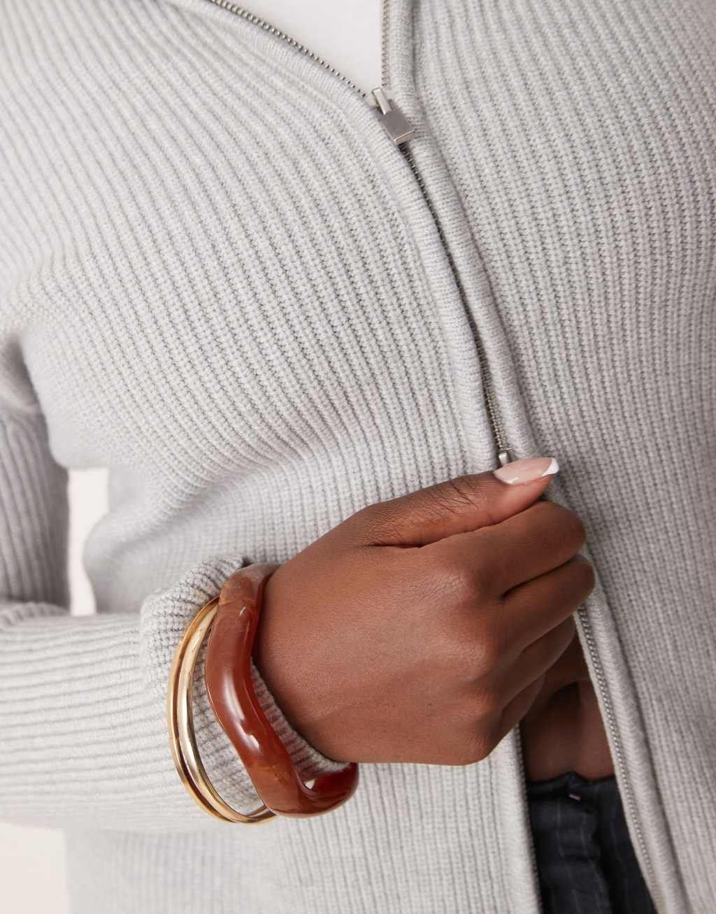 ASOS DESIGN Curve knitted zip through collar cardigan in mid gray Product Image