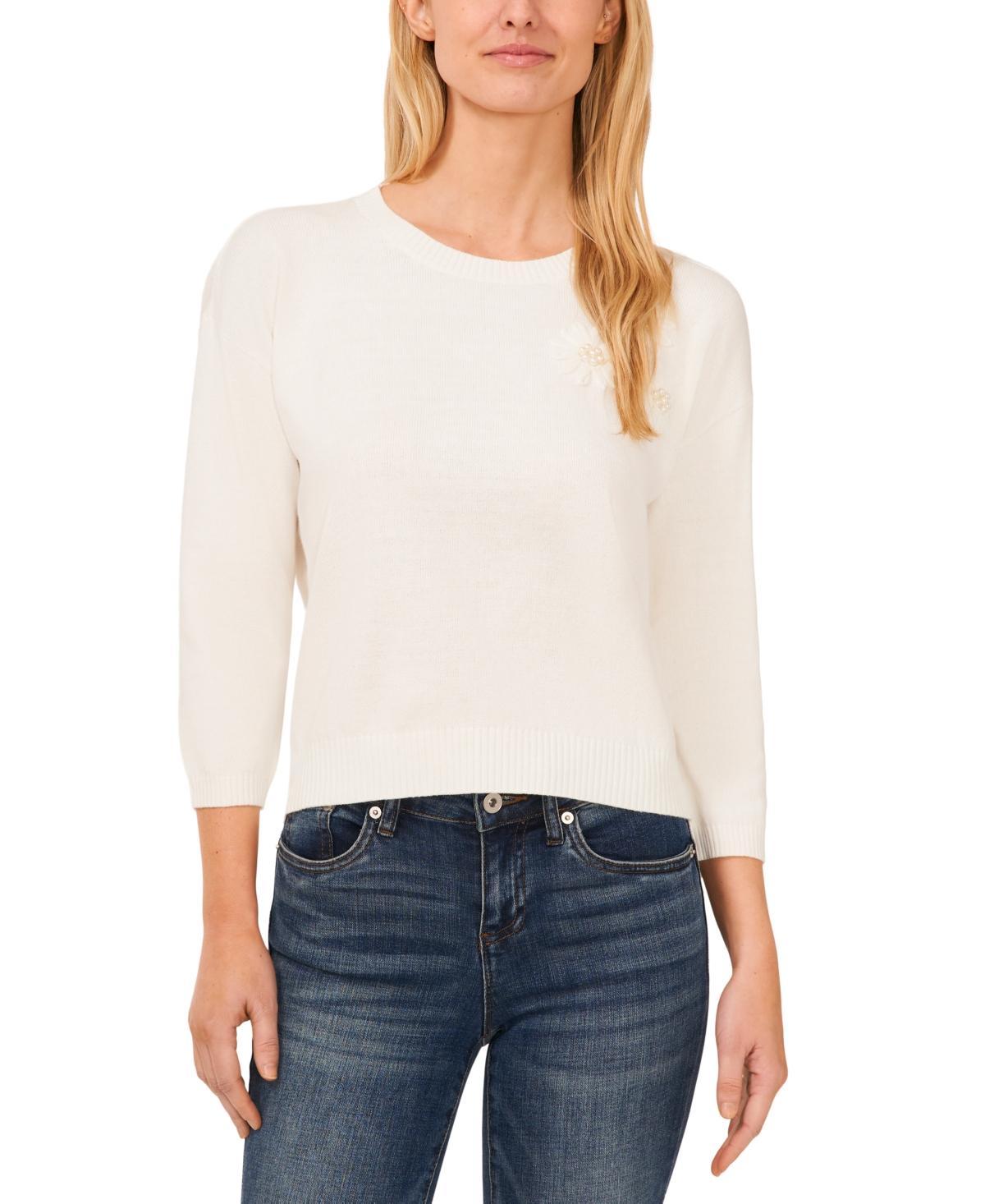 CeCe Womens Embellished Embroidered 3/4-Sleeve Sweater Product Image