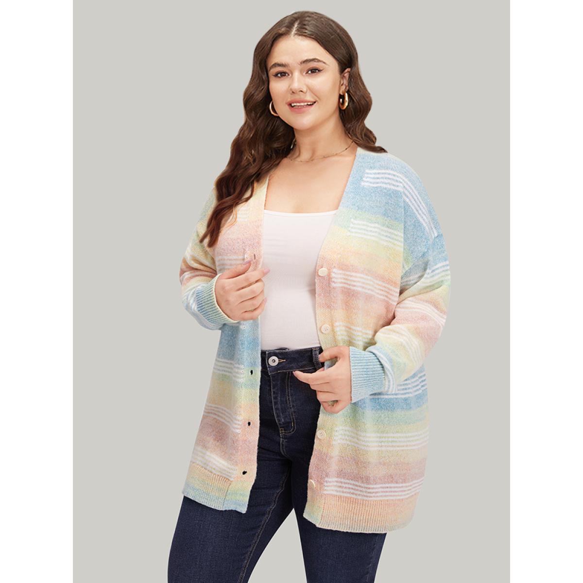 Plus Size Rainbow Ombre Elastic Cuffs Button Up Cardigan Multicolor Women Casual Loose Long Sleeve Everyday Cardigans BloomChic 12/L Product Image