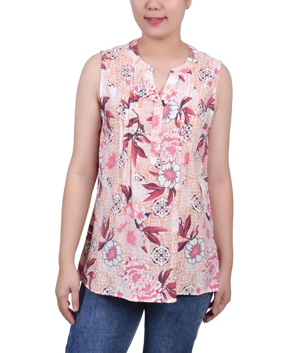 Ny Collection Petite Sleeveless Printed Pintucked Blouse Product Image