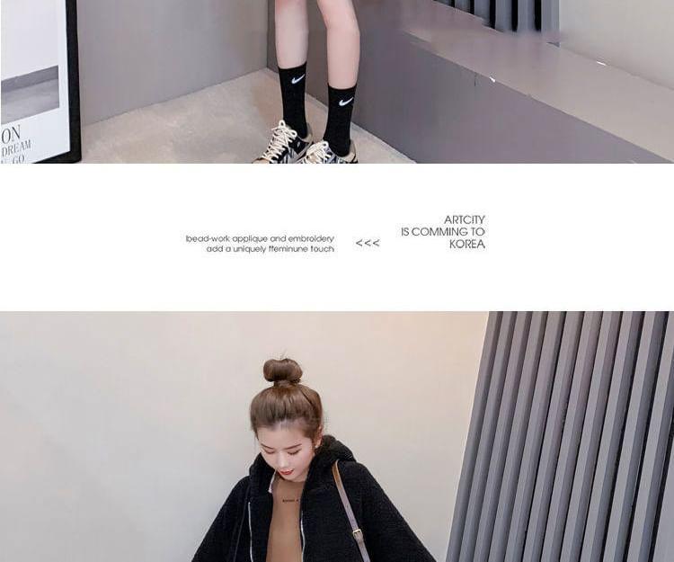 Lettering Drawstring Hooded Fleece Zip Jacket Product Image