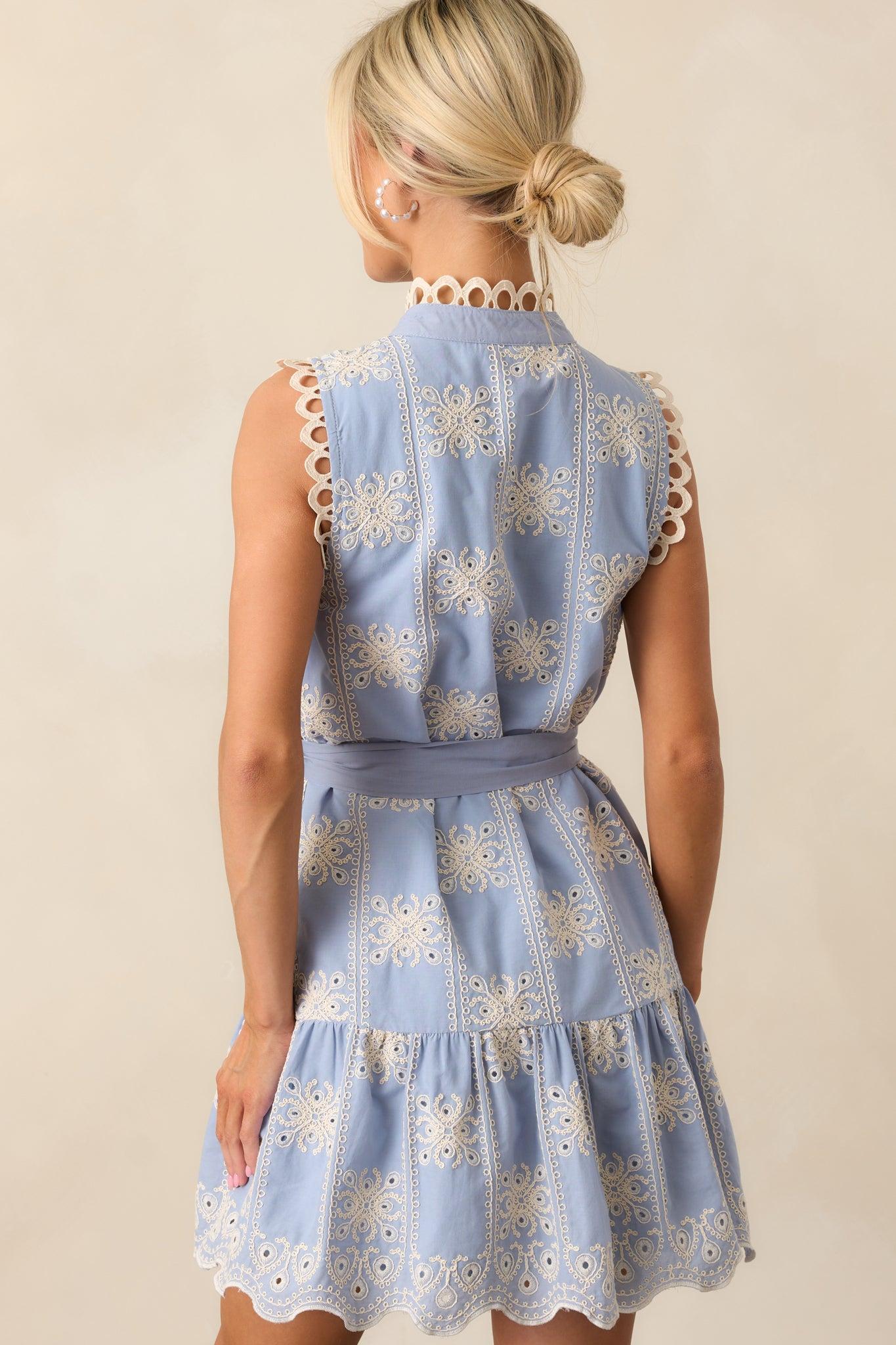 Through The Rain Cotton Sky Blue Embroidered Mini Dress Product Image