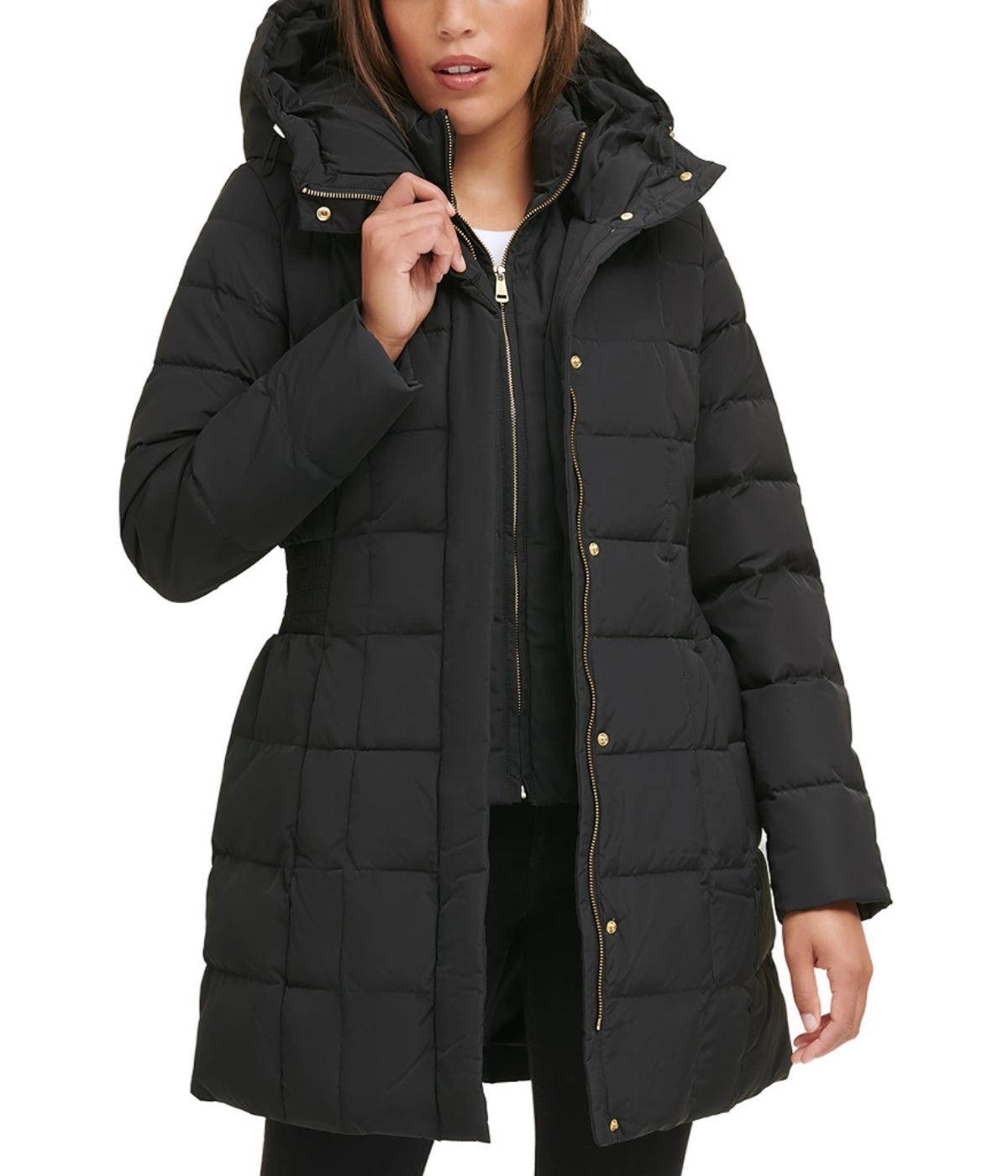 Box Quilt Down Zip Front Coat Dark Black Product Image