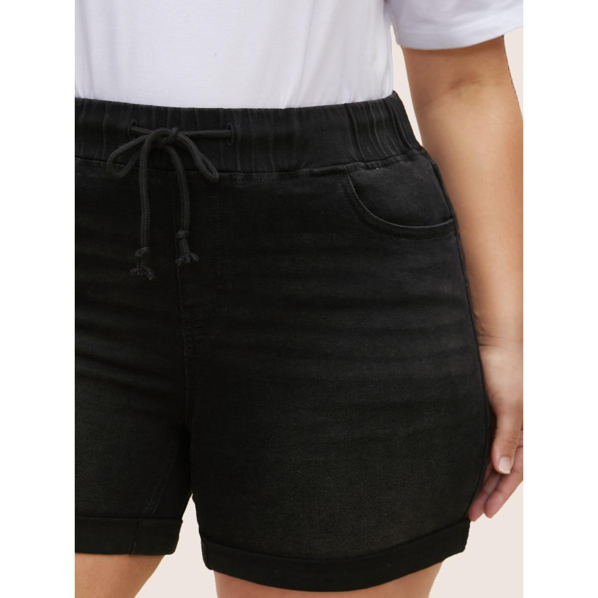 Plus Size Distressed Drawstring Roll Hem Denim Shorts Women Black Drawstring High stretch Everyday Slanted pocket Casual Denim Shorts BloomChic 20/2X Product Image
