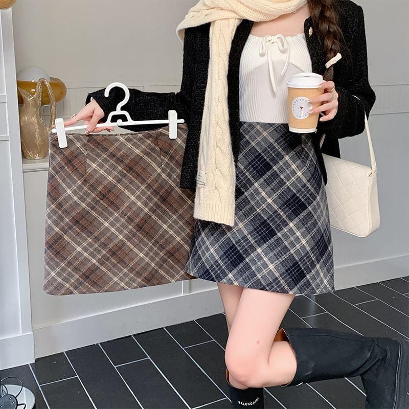 High Rise Plaid Mini A-Line Skirt Product Image