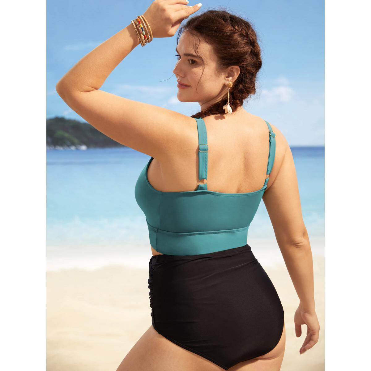 Plus Size Solid Ruffle Surplice Neck Trim Swim Top Women's Swimwear Teal Beach Ruffles High stretch Skinny Overlap Collar Curve Swim Tops BloomChic 10/M Product Image