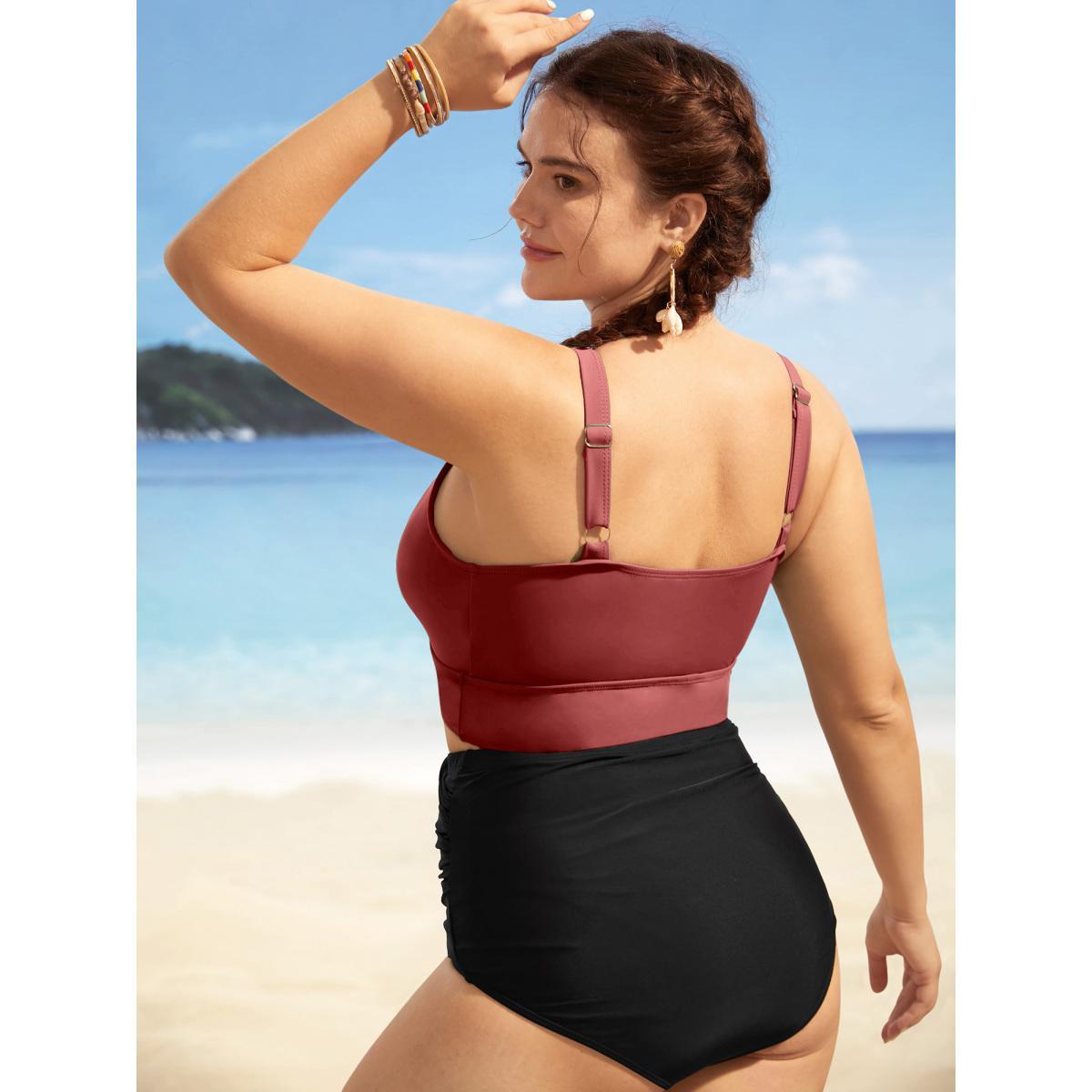 Plus Size Solid Ruffle Surplice Neck Trim Swim Top Women's Swimwear Russet Beach Ruffles High stretch Skinny Overlap Collar Curve Swim Tops BloomChic 26/4X Product Image