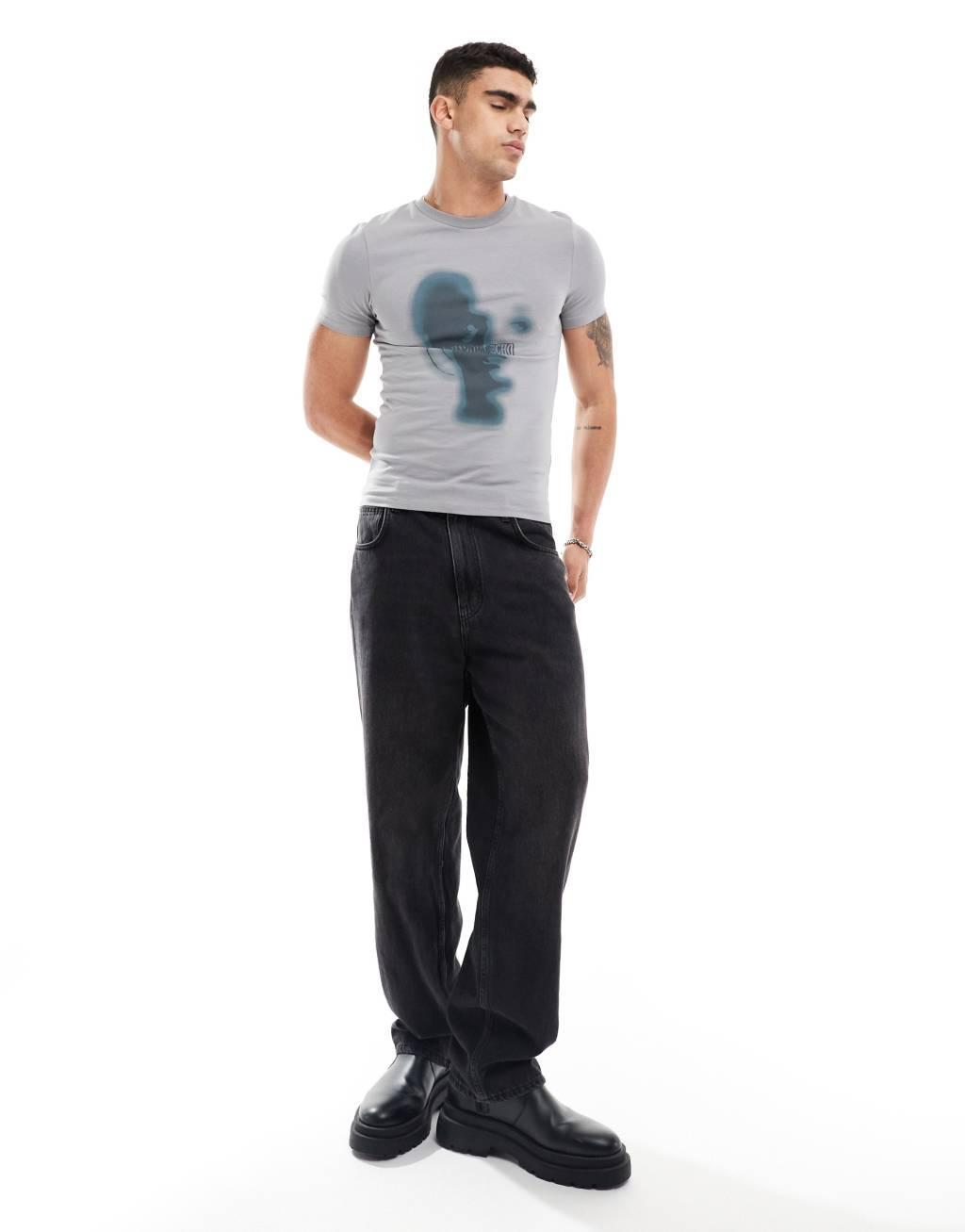 ASOS DESIGN muscle fit T-shirt in washed gray with grunge front print Product Image