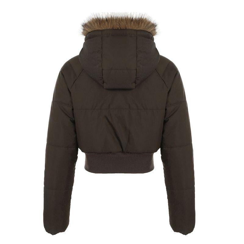 Fluffy Hooded Plain Zip Up Cropped Puffer Jacket Product Image