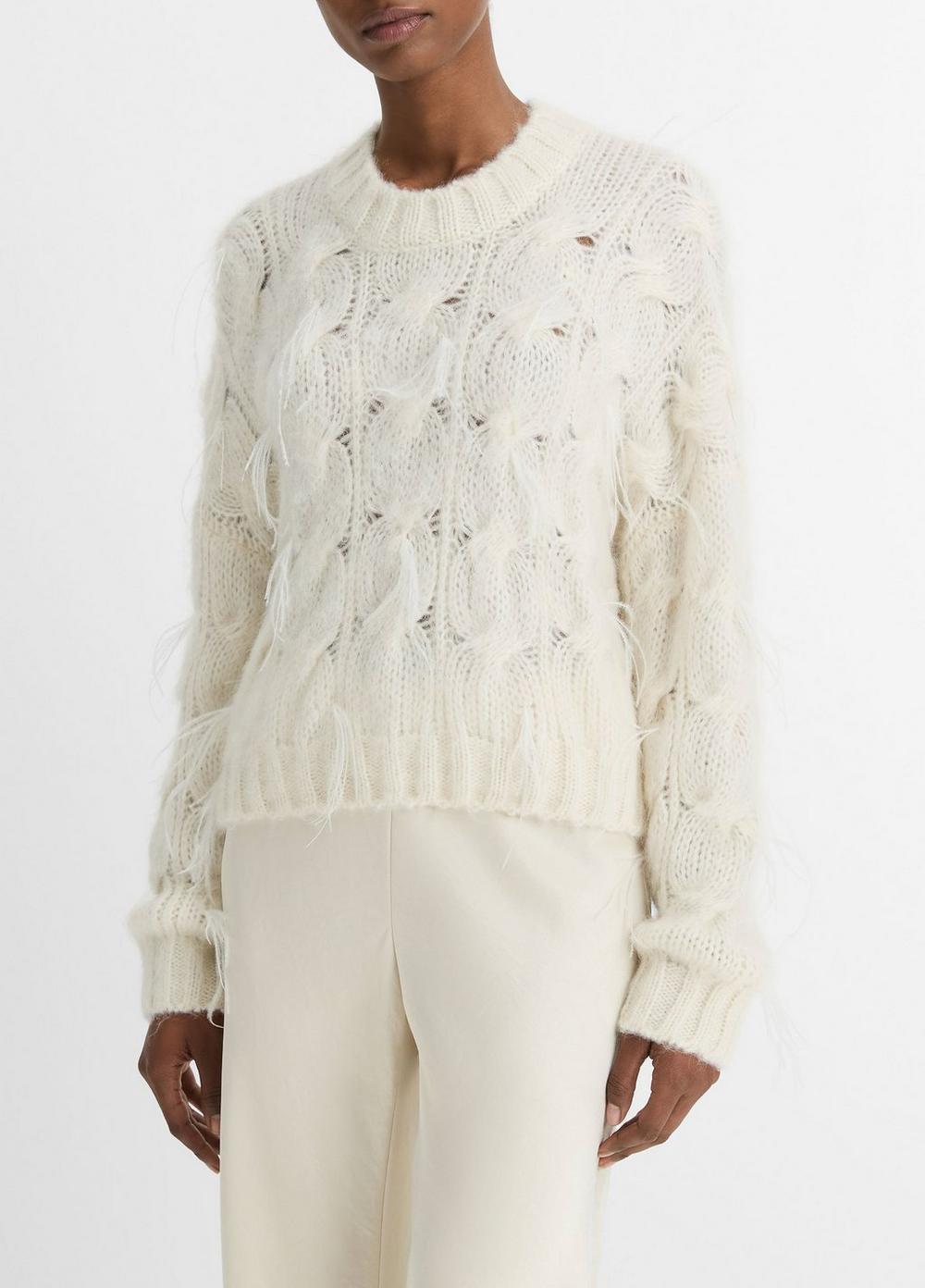 Womens Feather-Appliqud Italian Cable-Knit Sweater, Off White, Size S Vince Product Image