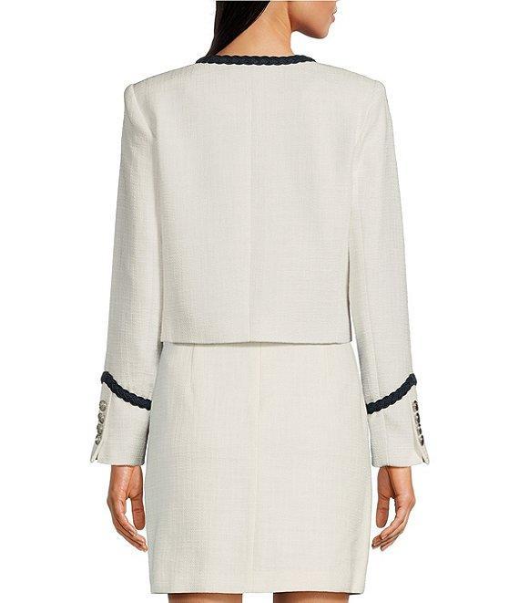 KARL LAGERFELD PARIS Tweed Round Neck Long Sleeve Braided Denim Detail Jacket Product Image