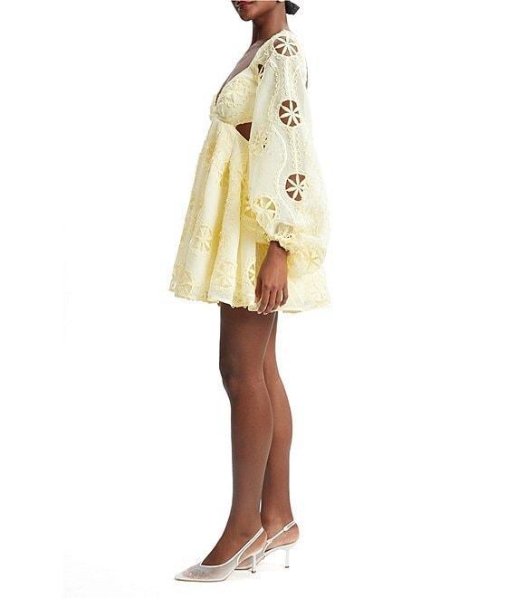 Bardot Jovie Embroidered V Neck Long Sleeve Cutout Babydoll A-Line Mini Dress Product Image