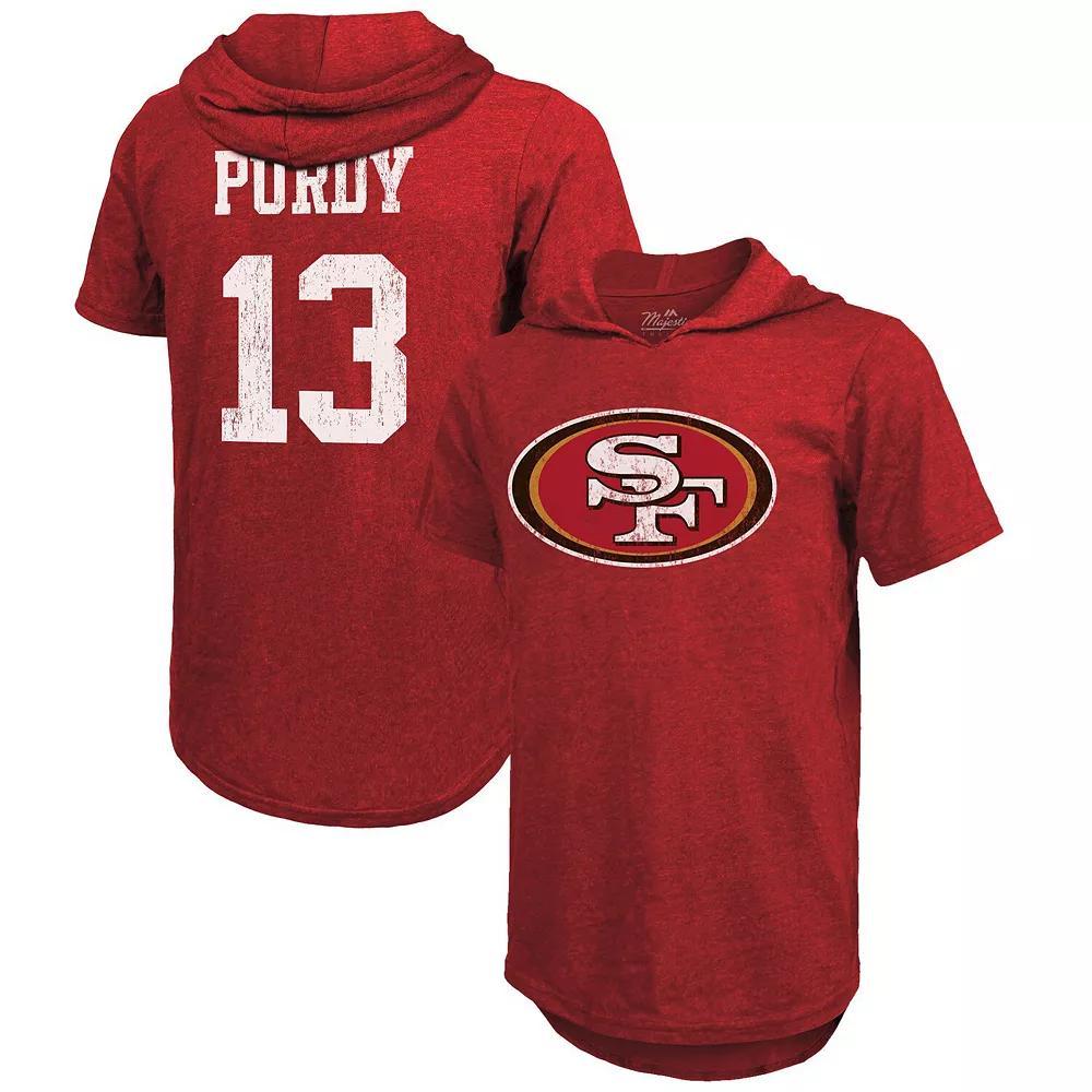 Men's Majestic Threads Brock Purdy Scarlet San Francisco 49ers Player Name & Number Tri-Blend Short Sleeve Hoodie T-Shirt, Size: 2XL, Red Product Image