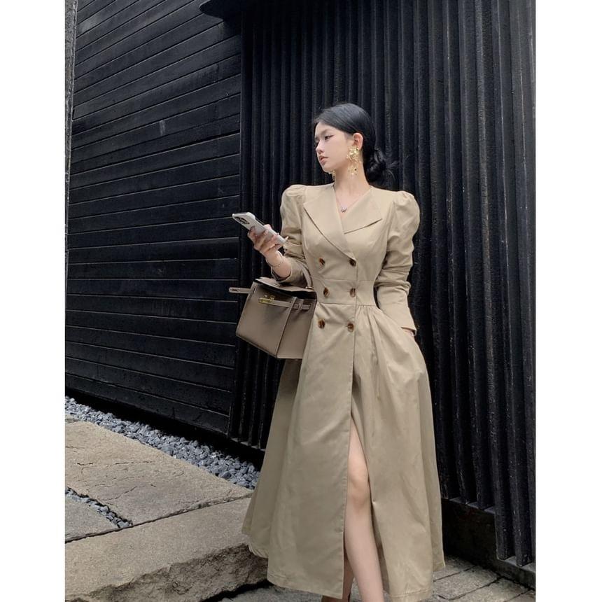 Notch Lapel Plain Double-Breasted Midi A-Line Coat Dress Product Image