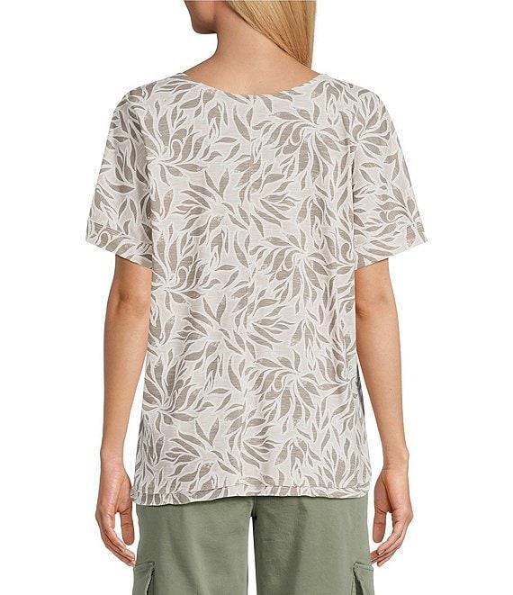 Intro Cotton Slub Jersey Abstract Leaf Print V-Neck Short Sleeve Tee Top Product Image
