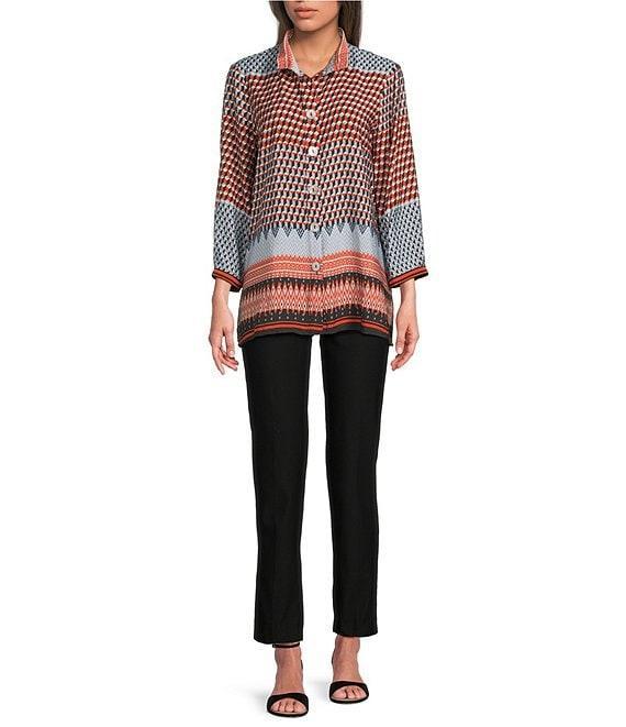 Ali Miles Woven Chevron Geo Print Wire Collar 3/4 Cuff Sleeve Hi-Low Hem Button Front Tunic Product Image