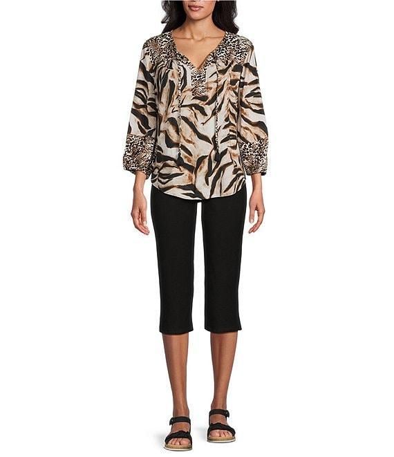 Westbound Woven Mocha Sandy Leopard 3/4 Sleeve V-Neck Tie Blouse Product Image
