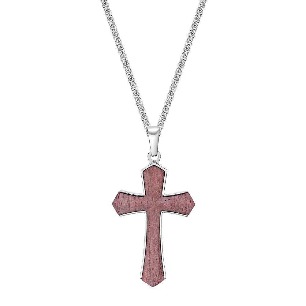 Men's LYNX Stainless Steel & Babinga Wood Cross Pendant Necklace, Size: 24" Product Image